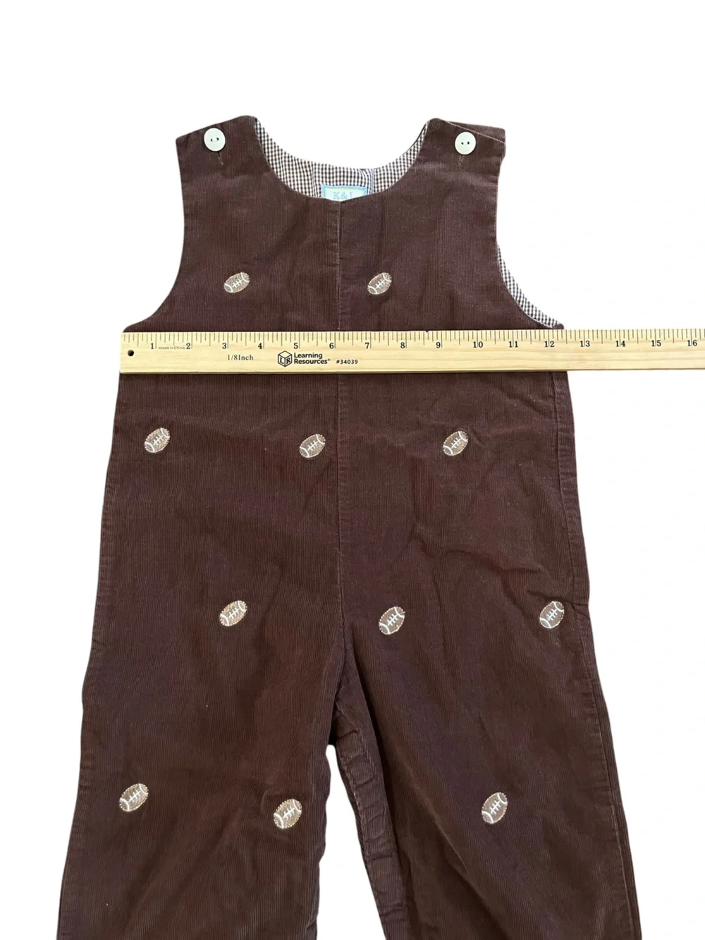 K&L Boys Brown Corduroy Longall Overalls Football Embroidery Size 2